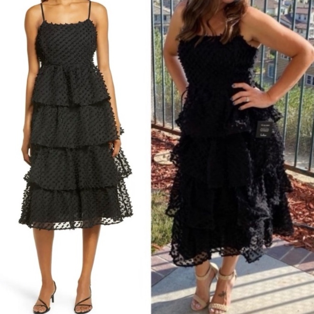 ❤️ Lulus Flirting with You Black Tiered Pom Pom Midi Dress - Picture 11 of 17